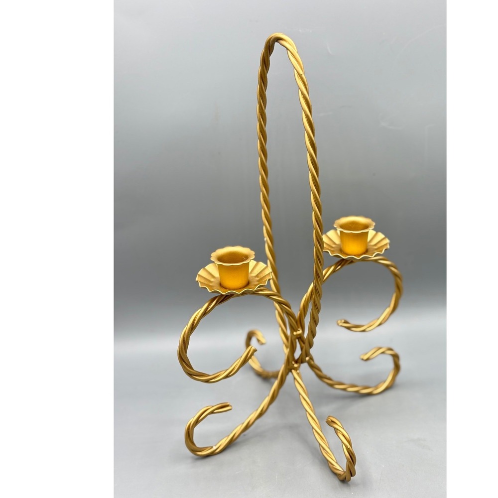 Vtg Gold Twisted Metal Rope Candelabra Set 2‎ Hollywood Regency Candle Holders
